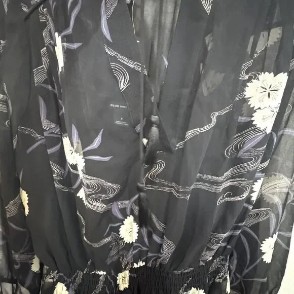 Club Monaco Roanna Dress Womens 4 Black Floral Silk Long Sleeve Mini Boho Chic - Picture 10 of 14